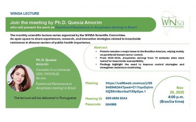 WINSA Lecture N°4 by Dr. Quesia Amorim who will present his work on innovative strategies as alternatives to insecticide resistance